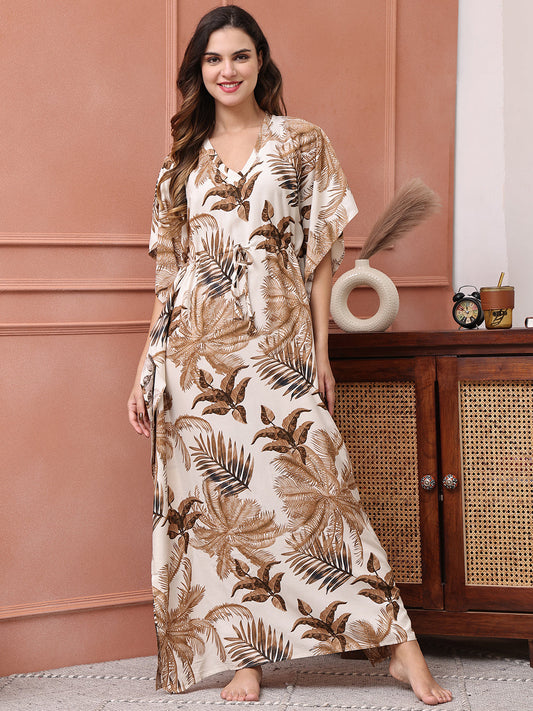 Beige Color Tropical Printed Viscose Rayon Kaftan For Women