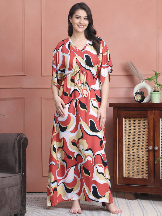 Rust Colour Abstract Printed Viscose Rayon Kaftan For Women