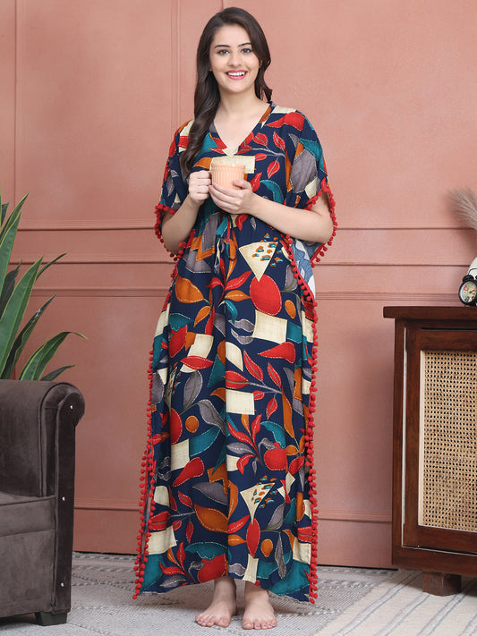 Navy Colour Abstract Printed Viscose Rayon Kaftan For Women