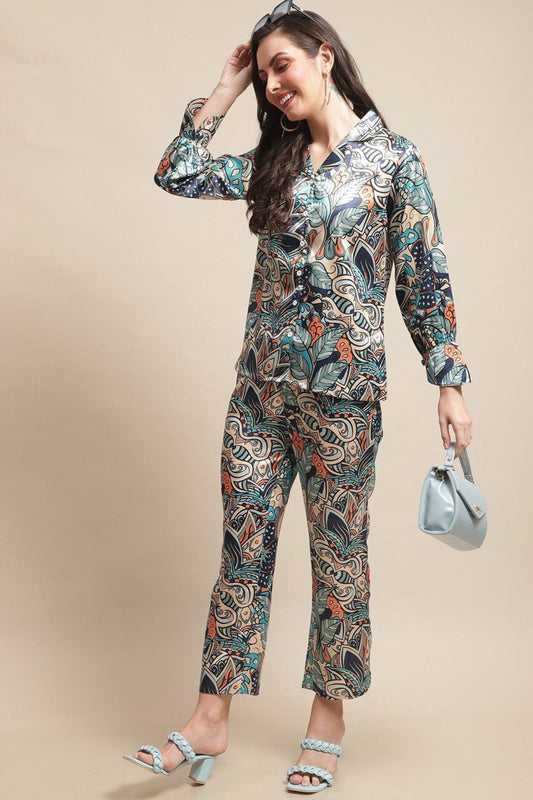 Multi-Color Abstract Printed Silk Satin Co-Ord Set for Women