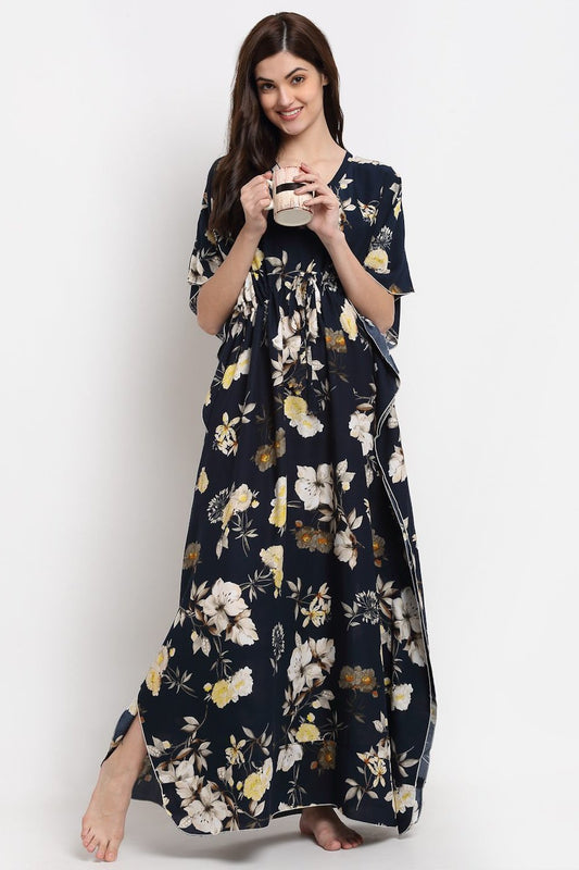 Navy Blue Floral Printed Viscose Rayon Kaftan For Woman