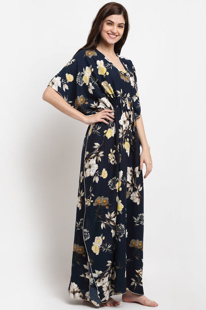 Navy Blue Floral Printed Viscose Rayon Kaftan For Woman