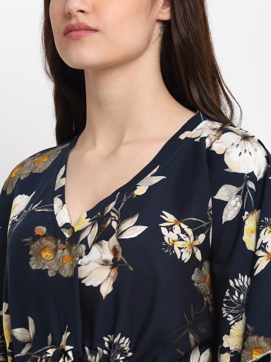 Navy Blue Floral Printed Viscose Rayon Kaftan For Woman