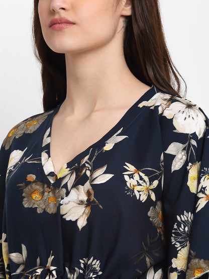 Navy Blue Floral Printed Viscose Rayon Kaftan For Woman