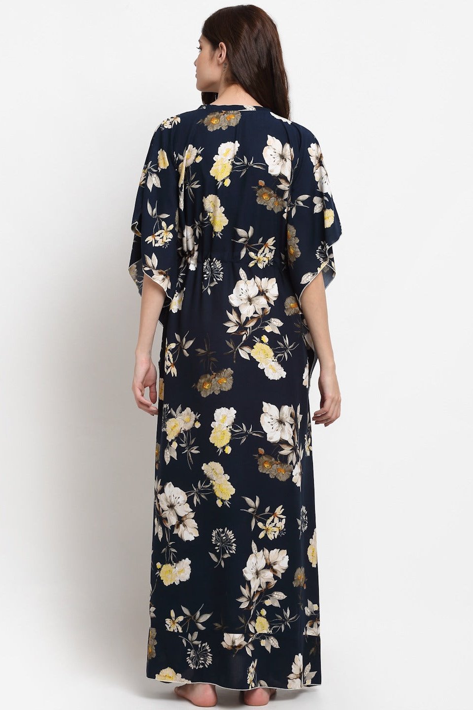 Navy Blue Floral Printed Viscose Rayon Kaftan For Woman