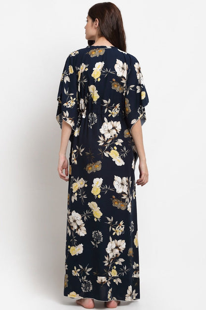 Navy Blue Floral Printed Viscose Rayon Kaftan For Woman