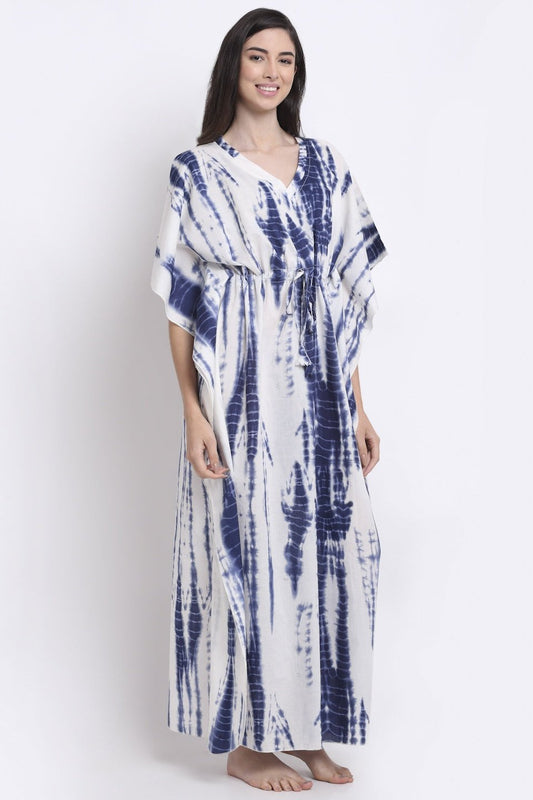 White and Blue Tie & dye Printed Rayon Kaftan