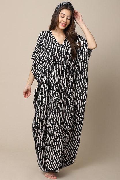 Black Stripe Printed Viscose Rayon Kaftan For Women