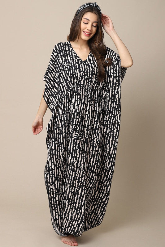 Black Stripe Printed Viscose Rayon Kaftan For Women