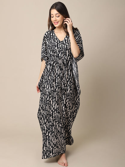 Black Stripe Printed Viscose Rayon Kaftan For Women