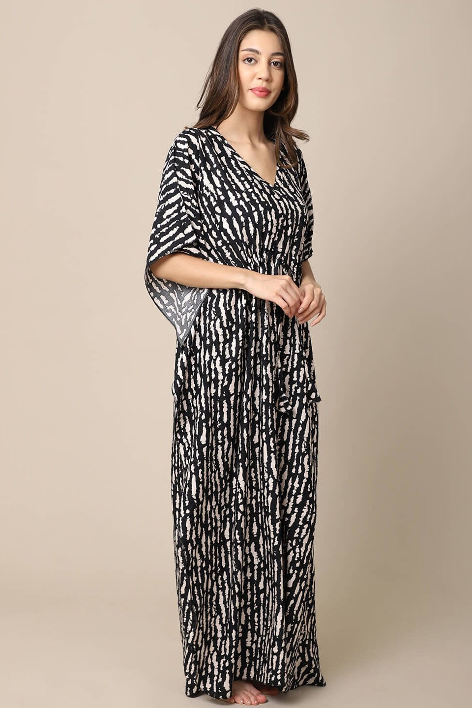 Black Stripe Printed Viscose Rayon Kaftan For Women