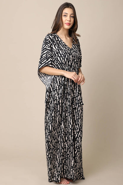 Black Stripe Printed Viscose Rayon Kaftan For Women
