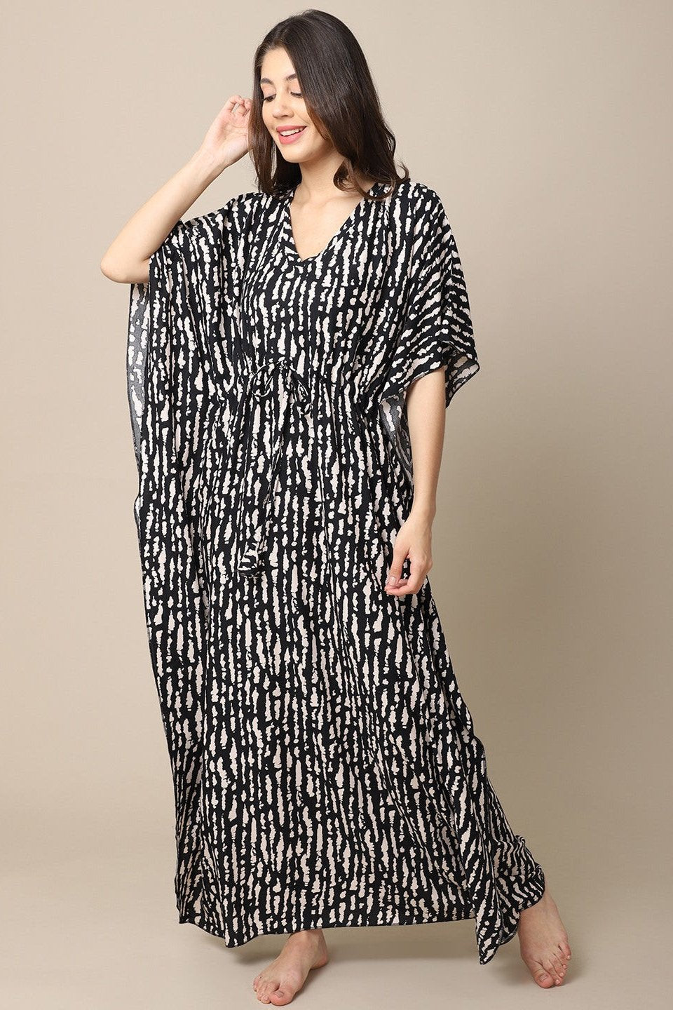 Black Stripe Printed Viscose Rayon Kaftan For Women