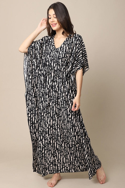 Black Stripe Printed Viscose Rayon Kaftan For Women