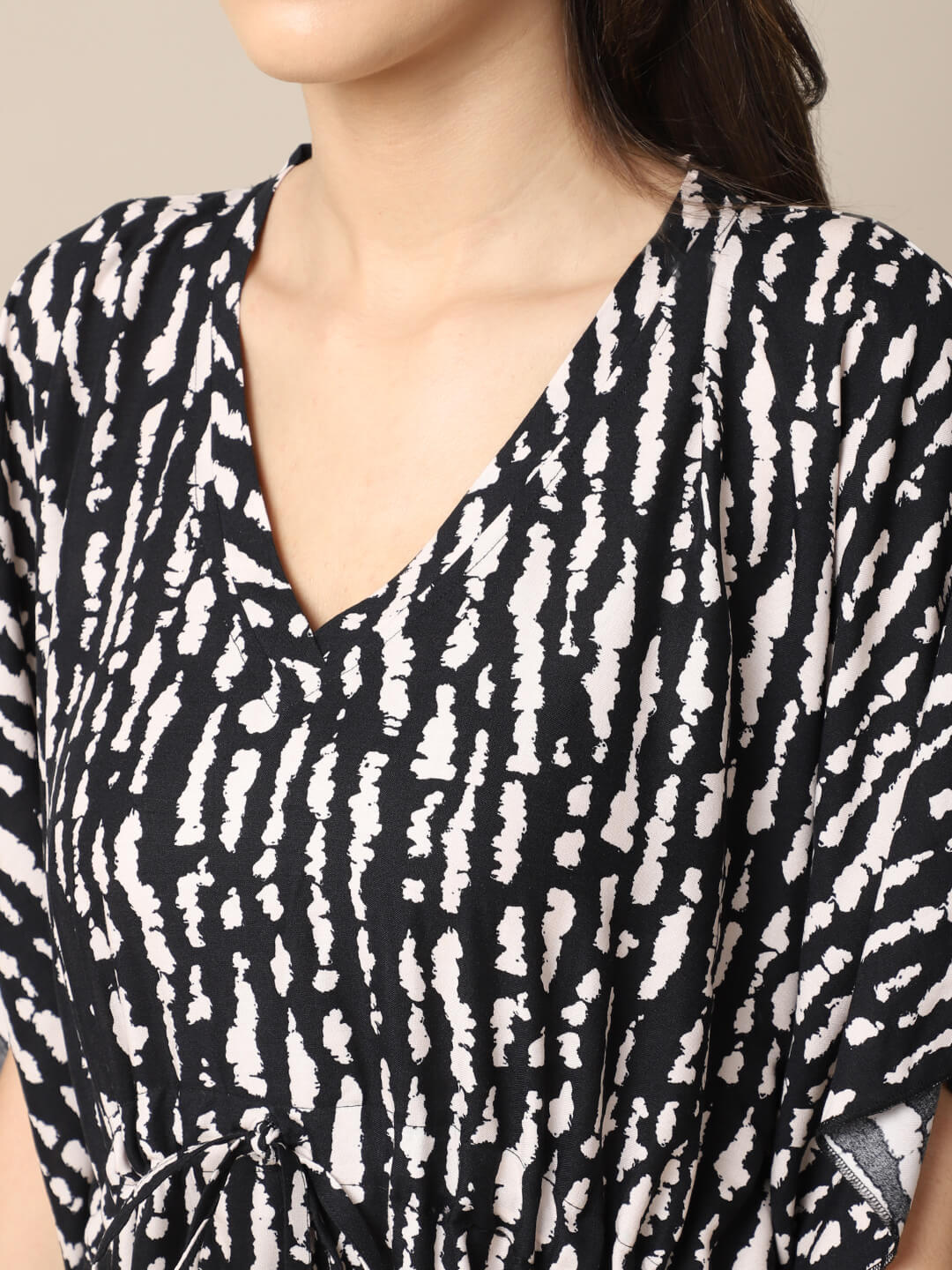 Black Stripe Printed Viscose Rayon Kaftan For Women