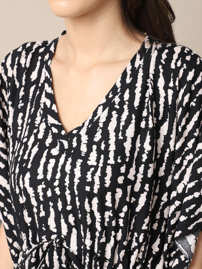 Black Stripe Printed Viscose Rayon Kaftan For Women