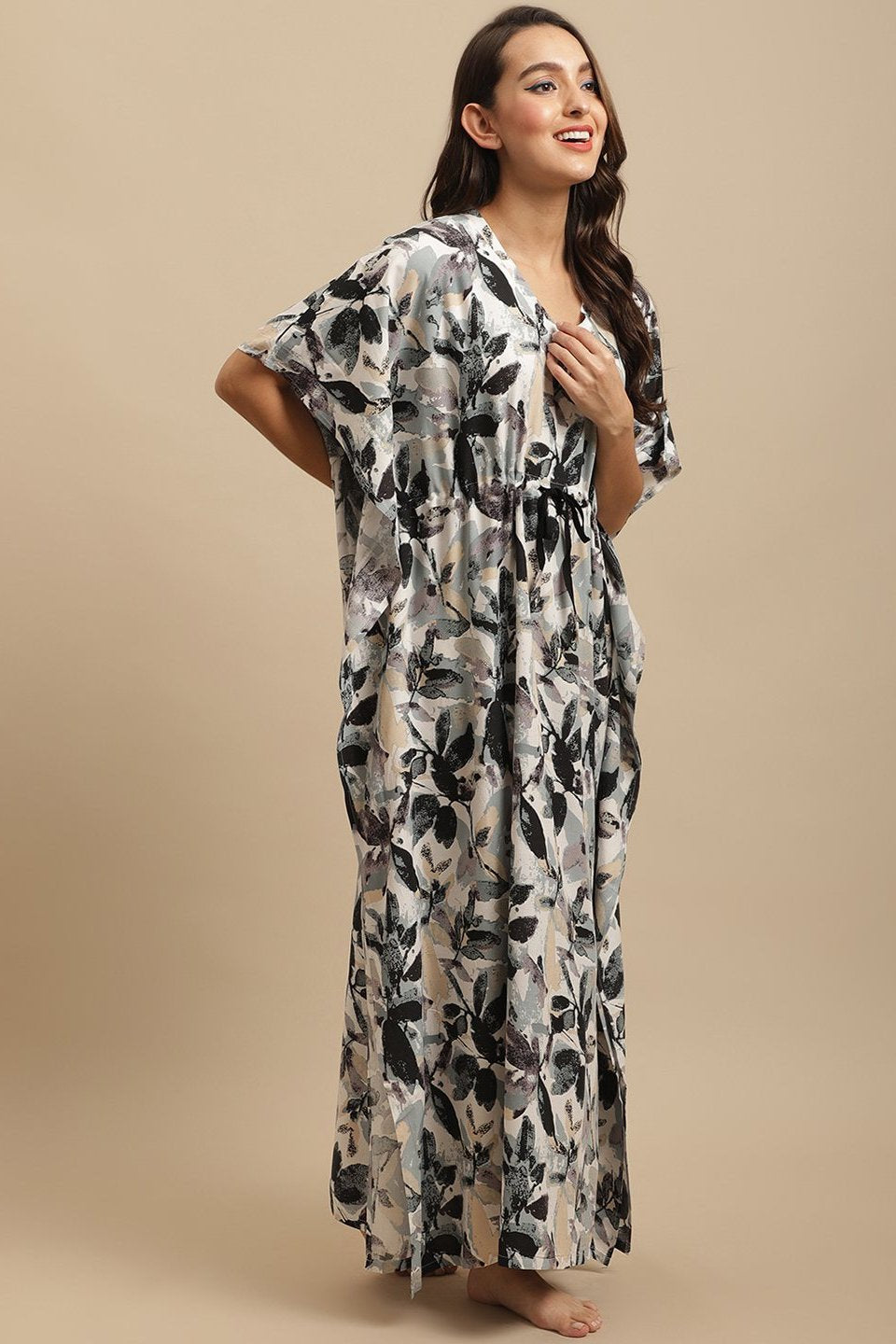 Black Floral Printed Viscose Rayon Kaftan For Women