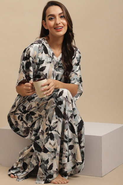 Black Floral Printed Viscose Rayon Kaftan For Women