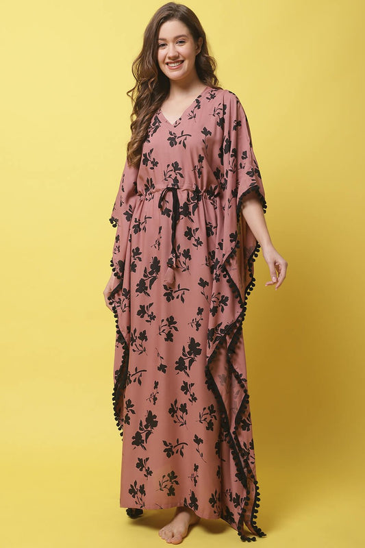 Rust Color Floral Printed Rayon Kaftan