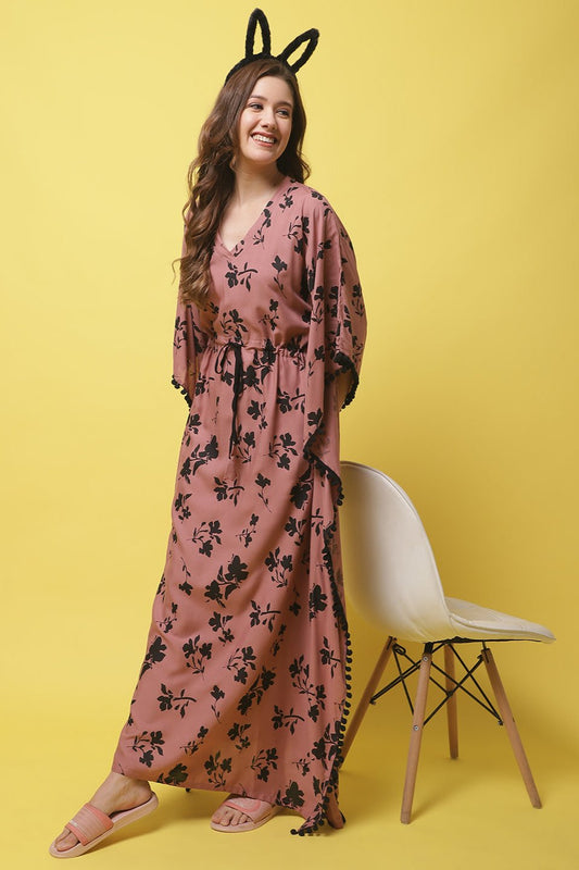 Rust Color Floral Printed Rayon Kaftan