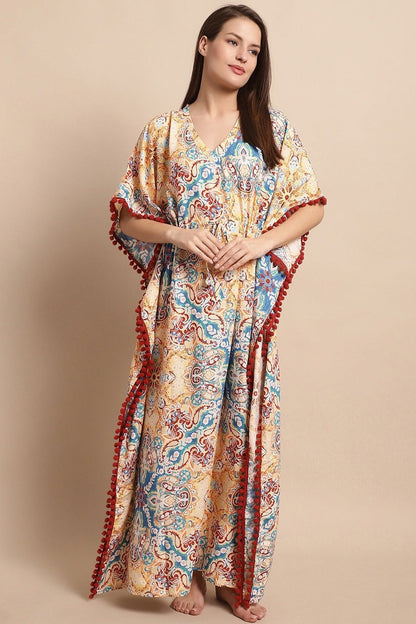 Multicolor Flared Printed Viscose Rayon Kaftan For Woman