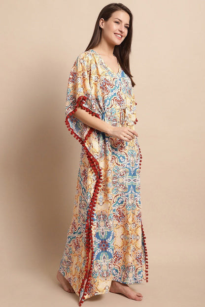 Multicolor Flared Printed Viscose Rayon Kaftan For Woman