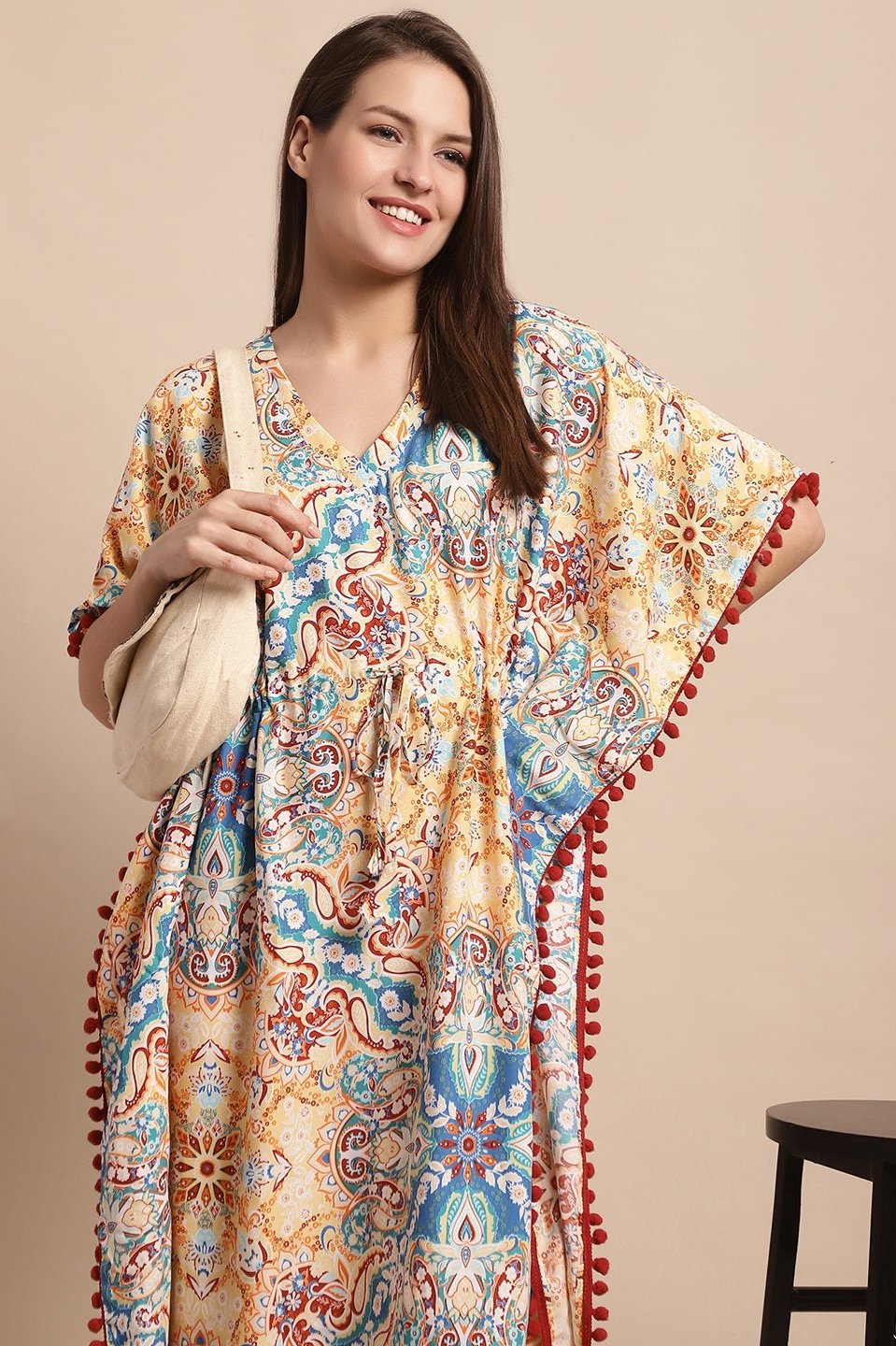 Multicolor Flared Printed Viscose Rayon Kaftan For Woman
