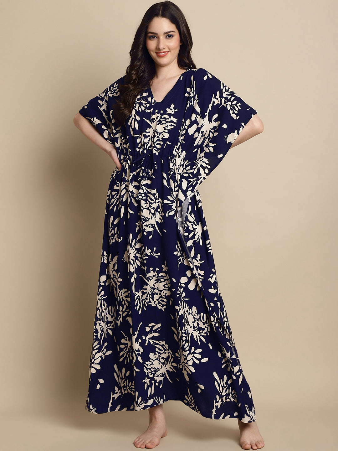 Navy Color Floral Printed Viscose Rayon Kaftan For Women