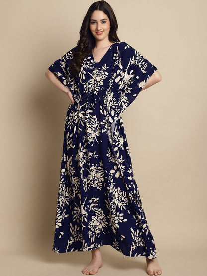 Navy Color Floral Printed Viscose Rayon Kaftan For Women