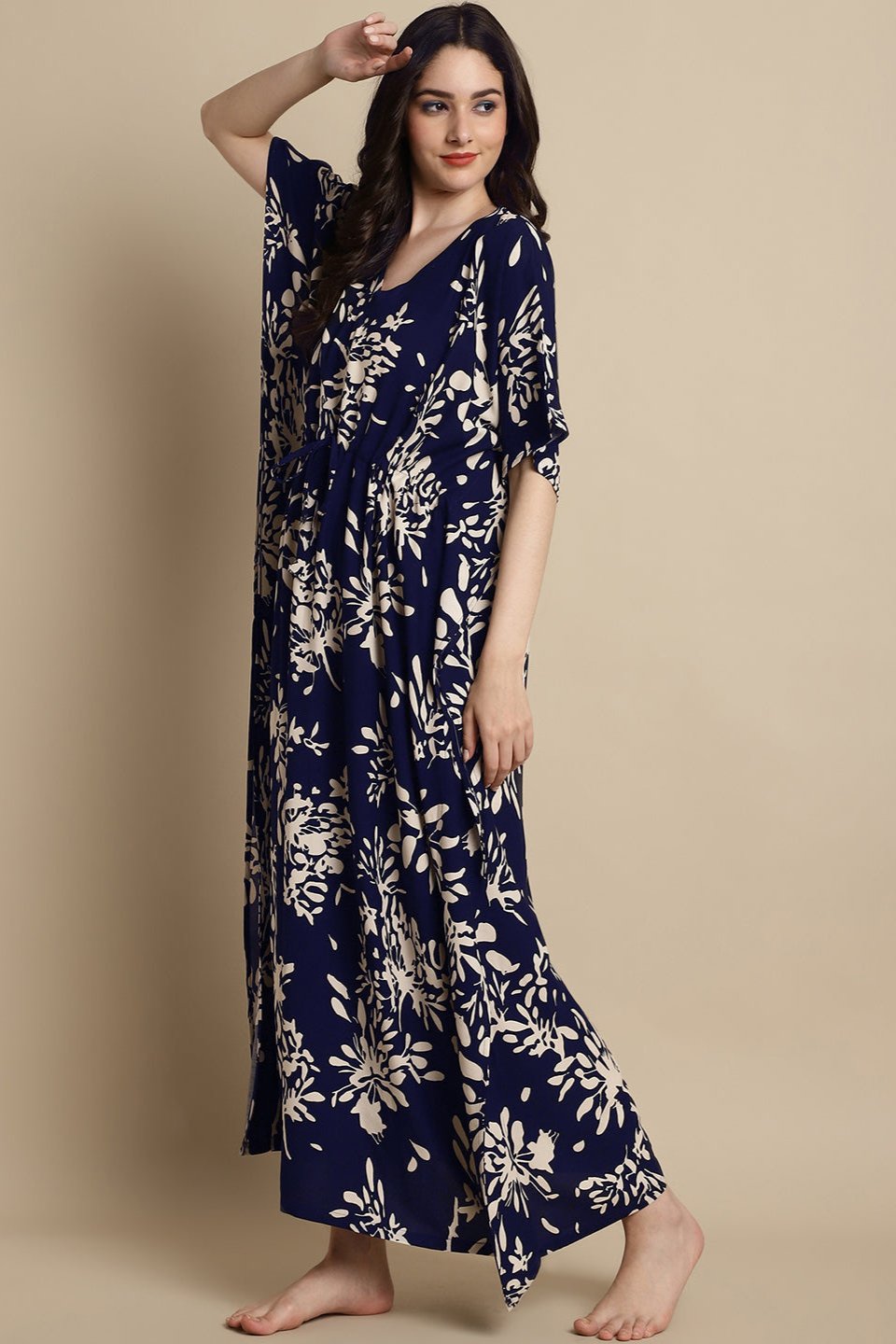 Navy Color Floral Printed Viscose Rayon Kaftan For Women