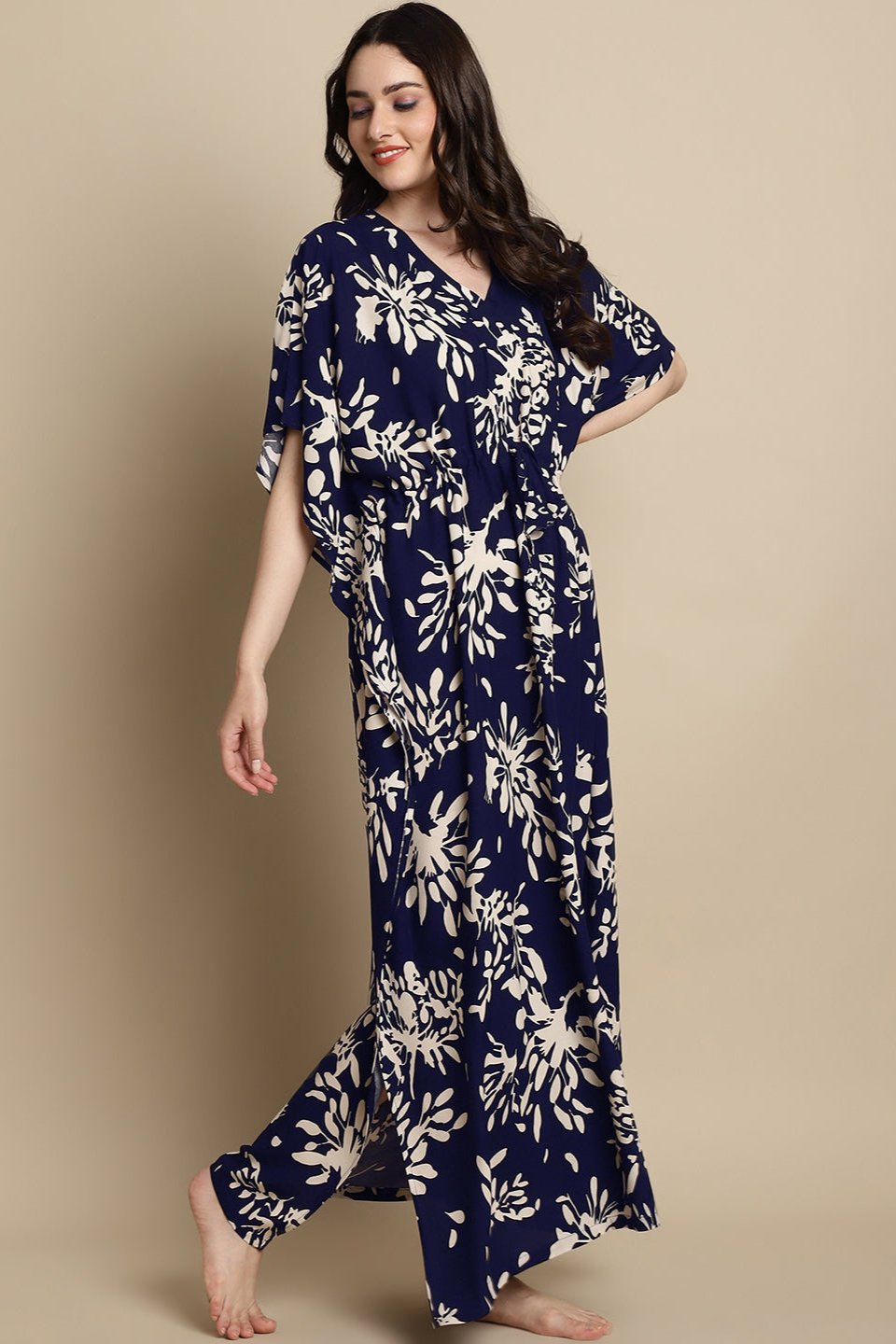 Navy Color Floral Printed Viscose Rayon Kaftan For Women