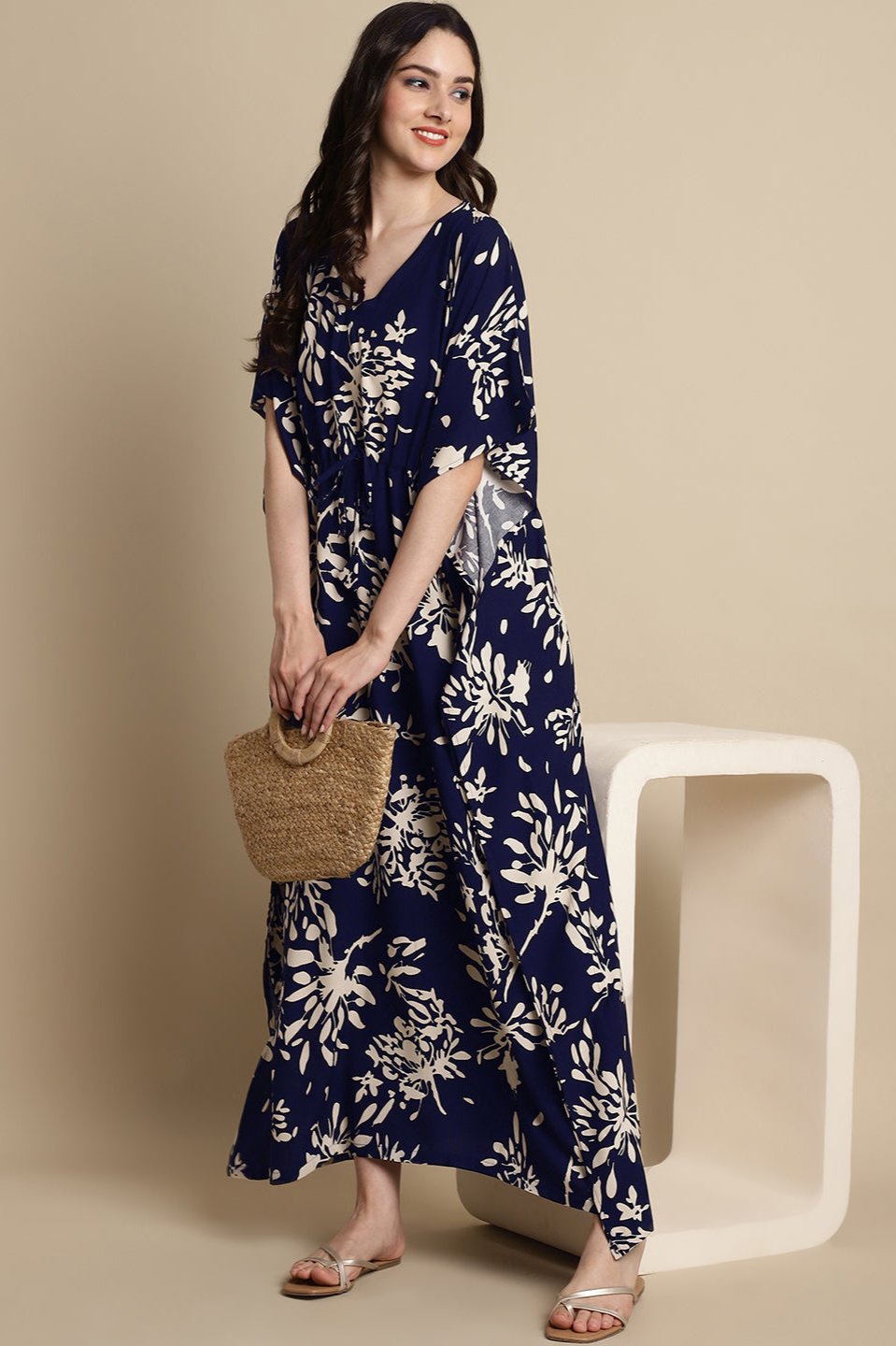 Navy Color Floral Printed Viscose Rayon Kaftan For Women