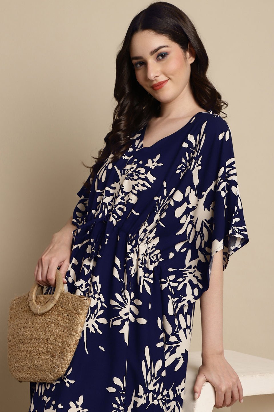 Navy Color Floral Printed Viscose Rayon Kaftan For Women