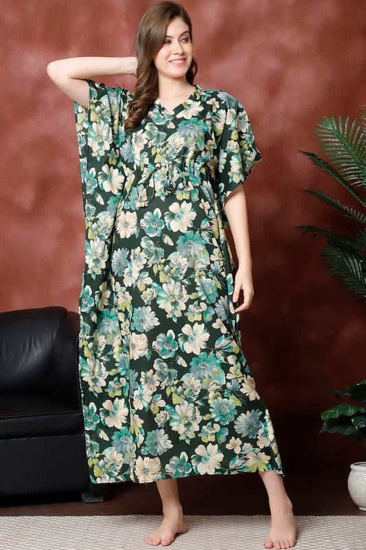 Green Color Floral Printed Pure Cotton Kaftan For Women