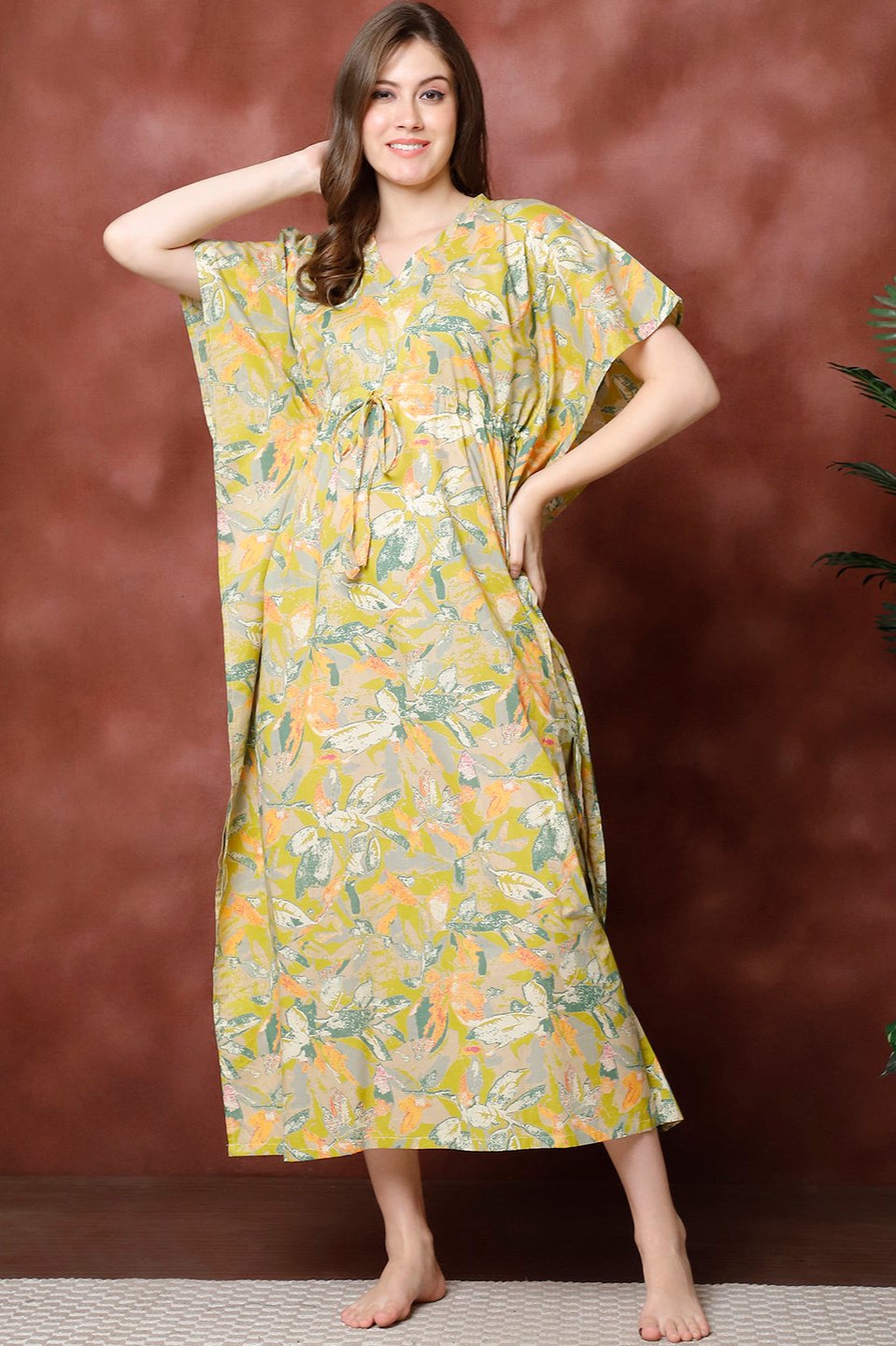 Green Color Floral Printed Pure Cotton Kaftan For Women