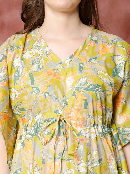 Green Color Floral Printed Pure Cotton Kaftan For Women