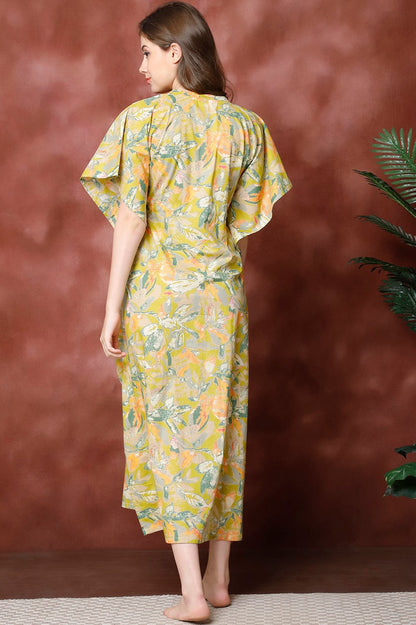 Green Color Floral Printed Pure Cotton Kaftan For Women