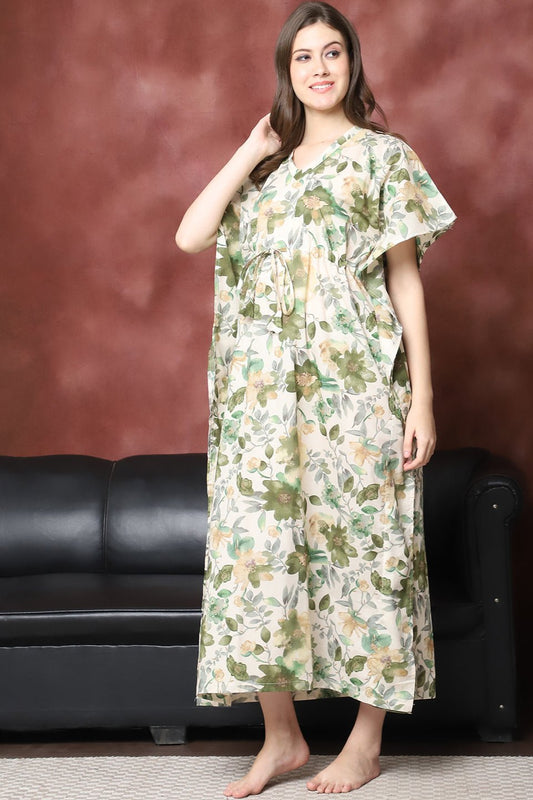 Green Color Floral Printed Pure Cotton Kaftan For Women