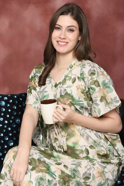 Green Color Floral Printed Pure Cotton Kaftan For Women