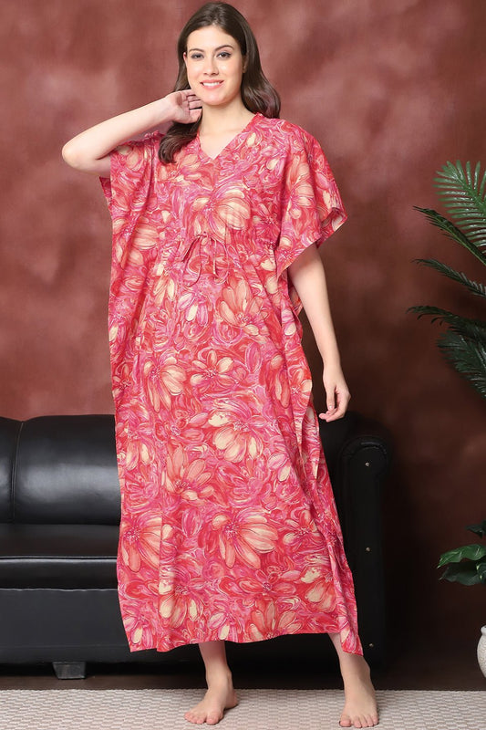Red Color Floral Printed Pure Cotton Kaftan For Women