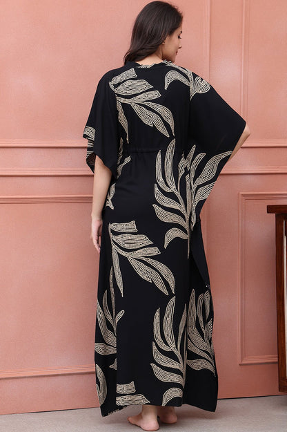 Black Color Floral Printed Viscose Rayon Kaftan