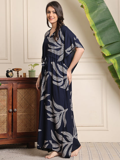Navy Color Floral Printed Viscose Rayon Kaftan