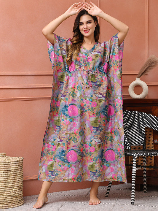 Multi colour Floral Printed Cotton Kaftan For Women