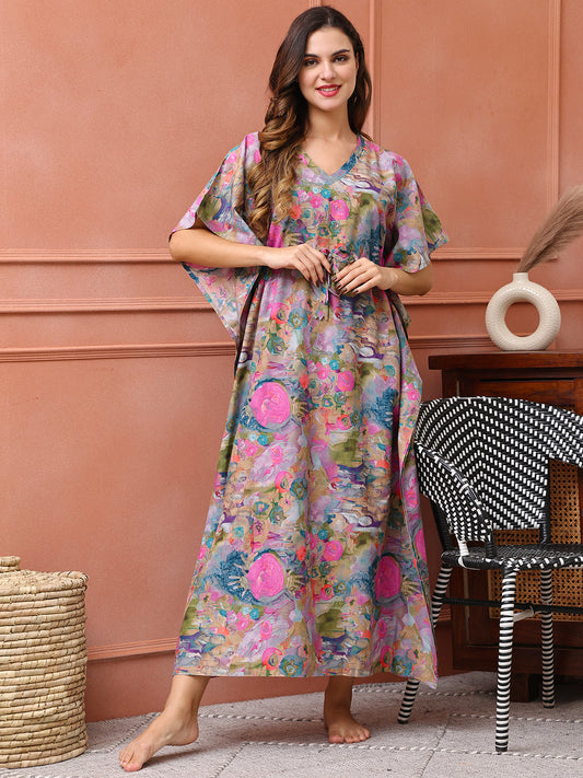Multi colour Floral Printed Cotton Kaftan For Women
