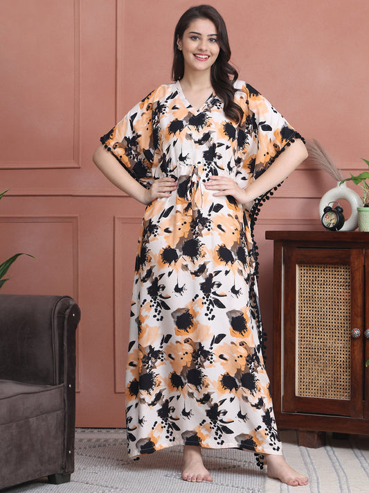 Cream Colour Abstract Printed Viscose Rayon Kaftan For Women