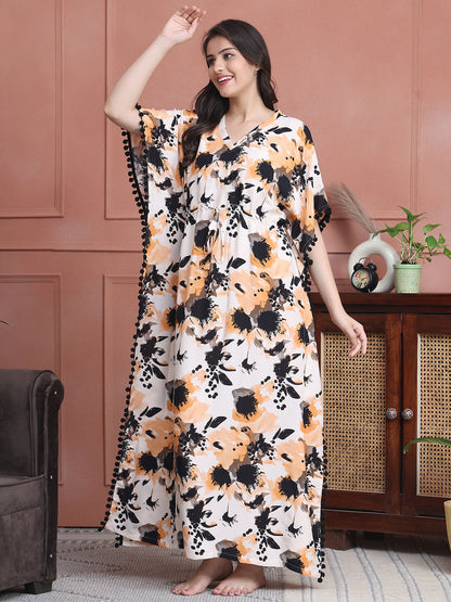 Cream Colour Abstract Printed Viscose Rayon Kaftan For Women