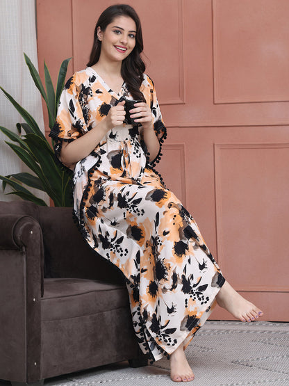 Cream Colour Abstract Printed Viscose Rayon Kaftan For Women