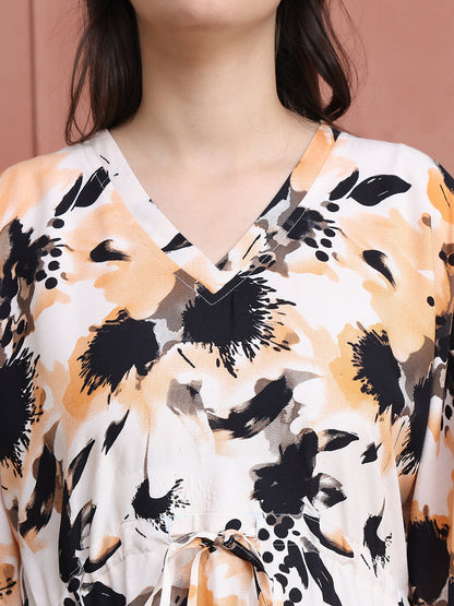 Cream Colour Abstract Printed Viscose Rayon Kaftan For Women