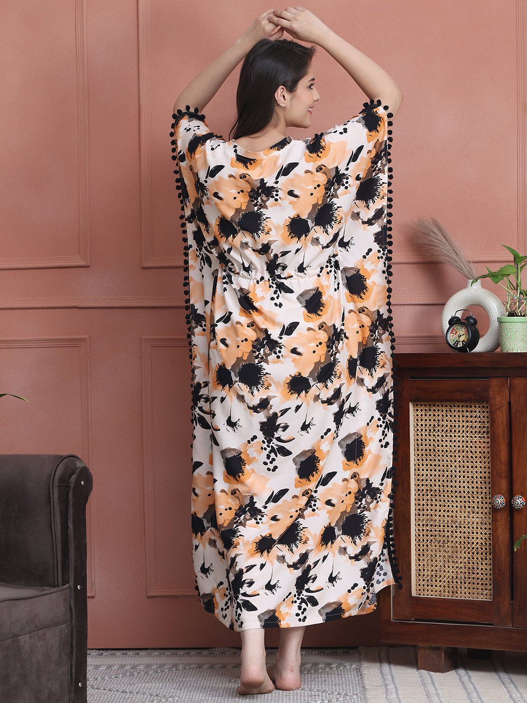 Cream Colour Abstract Printed Viscose Rayon Kaftan For Women