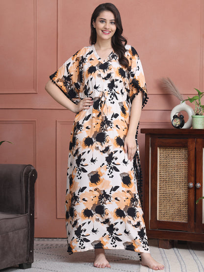 Cream Colour Abstract Printed Viscose Rayon Kaftan For Women